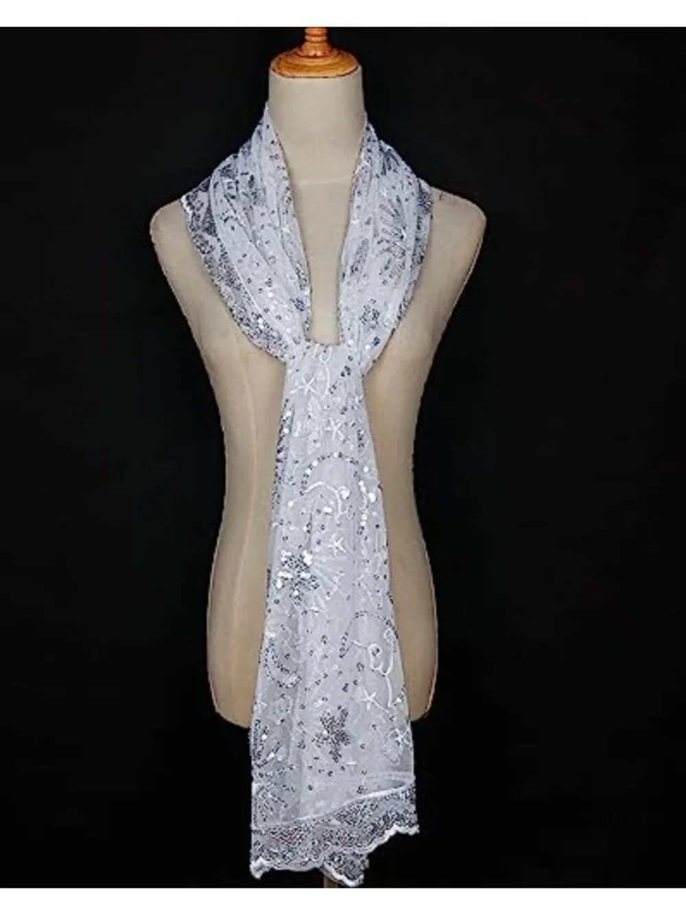 1920s Sequin Fringed Shawl Wrap Lace Evening Scarf